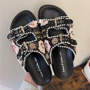 House of Harlow 1960 Beaded Floral Double-Buckle Platform Slide Sandals Size 8.5
